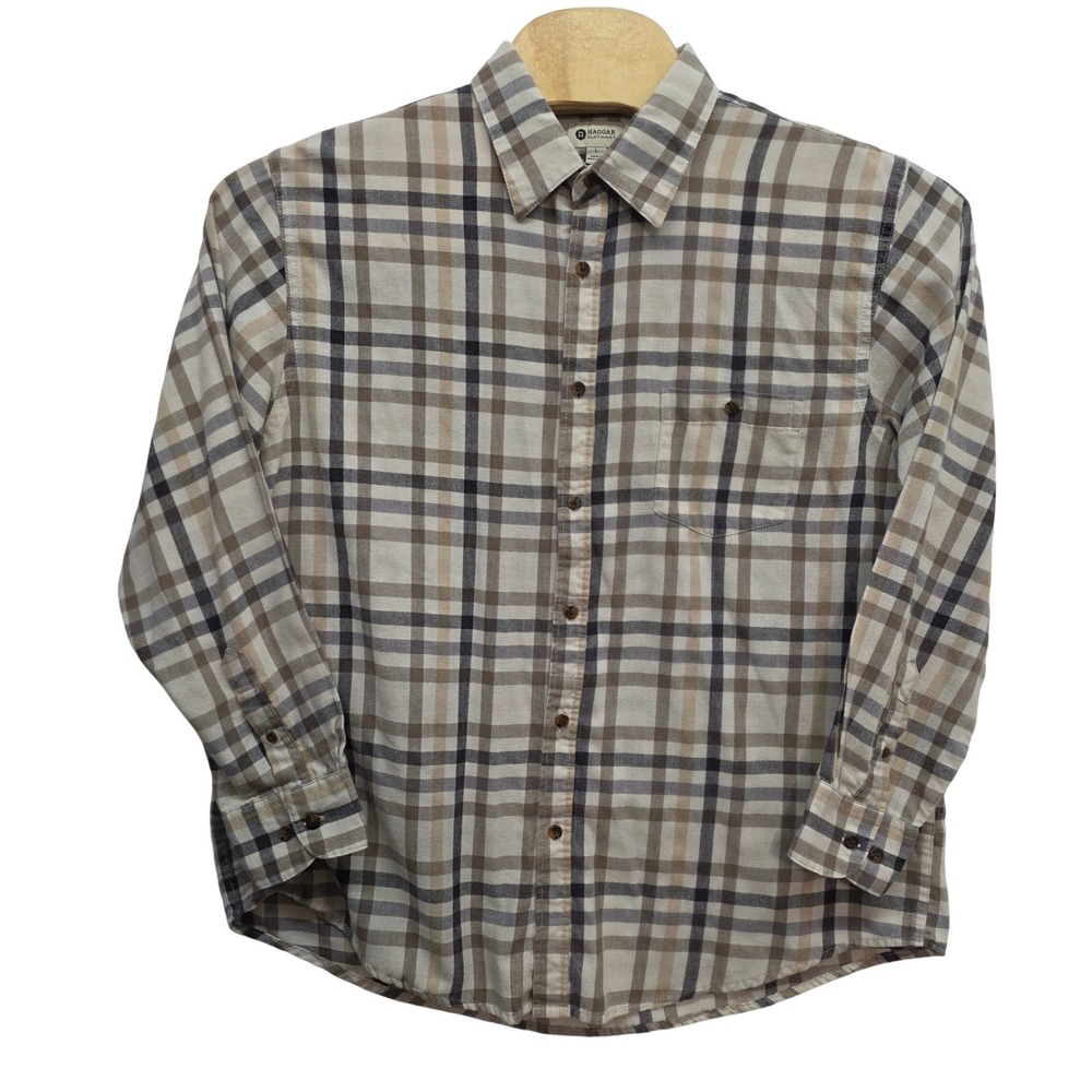 Haggar Clothing Mens Large Plaid Button Down Shirt Tan Brown Navy Long Sleeve